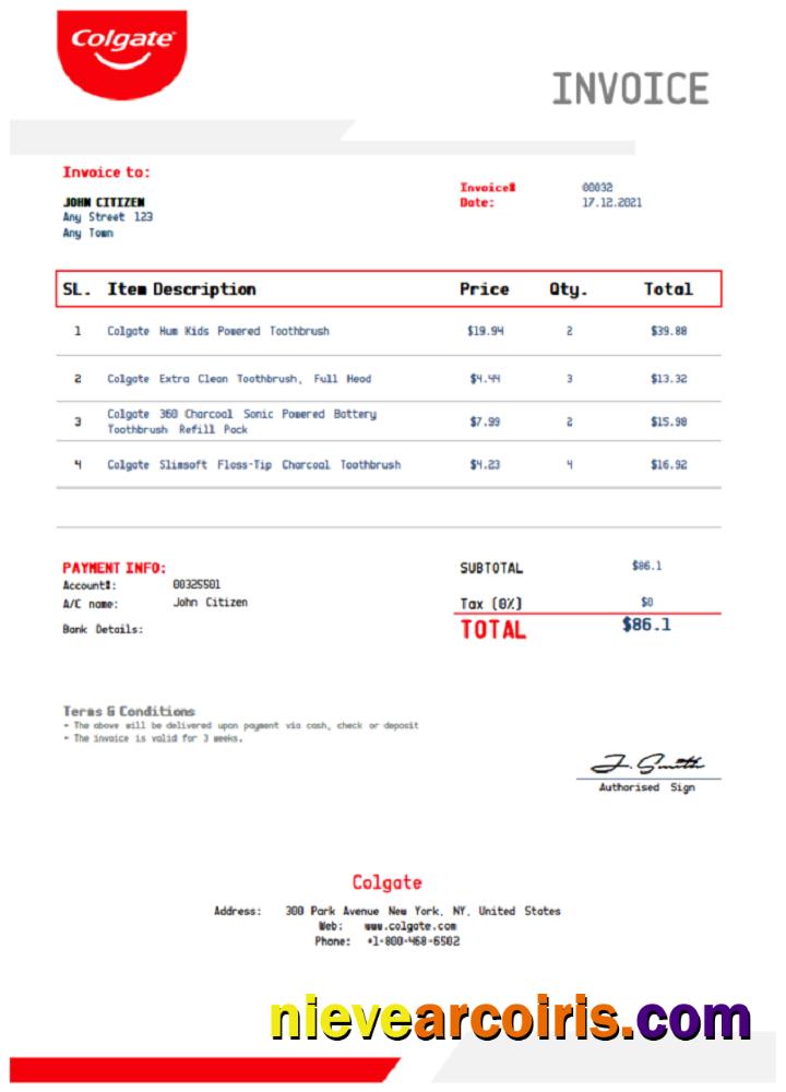 USA Colgate invoice in Word